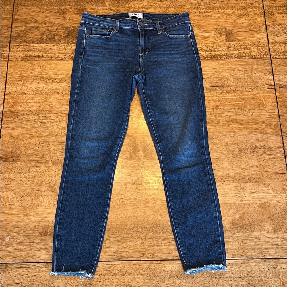 PAIGE Verdugo Ankle Skinny Jeans Dark Wash Raw Hem Stretch Denim Women’s Size 29